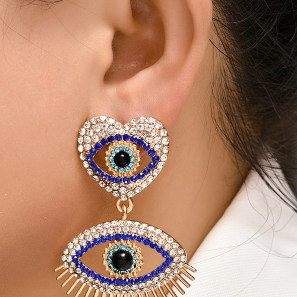 Rhinestone Eye Dangle Earrings GOLD OR CLEAR STONES BLING PARTY GIFT BOHO‎ CUTE